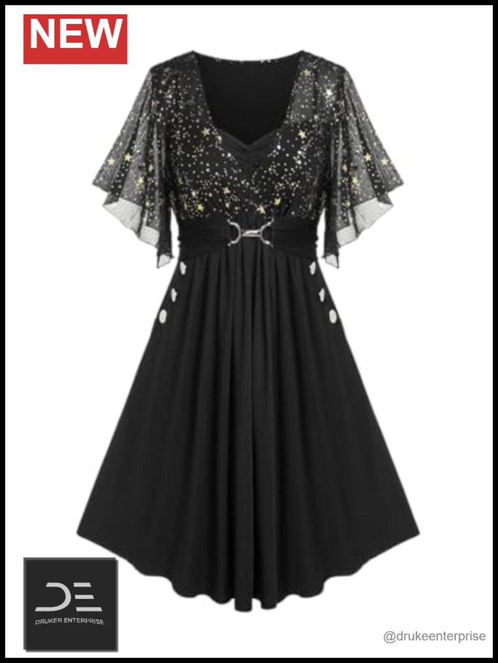 Plus Size Star Print A-Line Cocktail Dress Slant Pockets 3/4 Sleeve